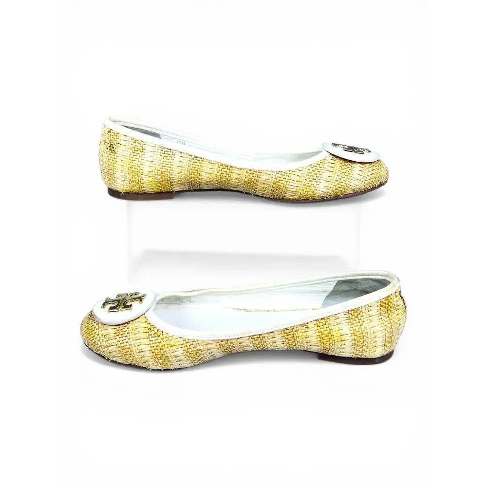 Tory Burch Reva Raffia Ballet Flats Size 7 Natural Woven Gold Logo